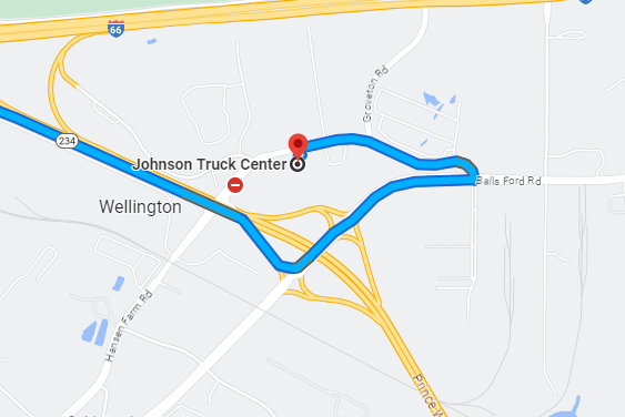 Image of map showing approach to Johnson Truck Center from the North.