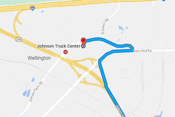 Image of map showing approach to Johnson Truck Center from the South.