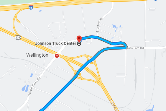 Image of map showing approach to Johnson Truck Center from the West.