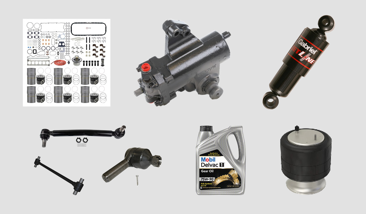Graphic of various PAI Industries In-Frame Rebuild Kits; Total Truck Solutions Tie Rod Ends, Drag Links, and Torque Bars; Weller Steering Gears; Mobil Delvac 1 Gear Oil; Gabriel Shocks; and Freightliner / Firestone Air Springs.