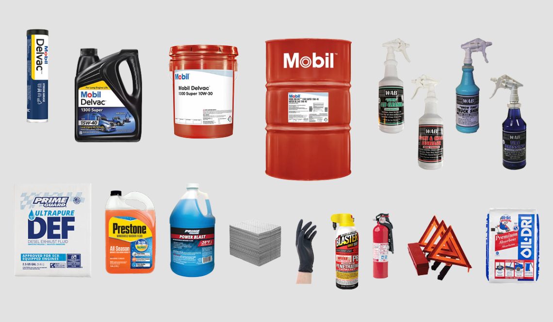 Graphic showing Mobil Delvac, DEF fluid, oil and lubricants, shop supplies, heavy-duty truck parts, and truck wash.