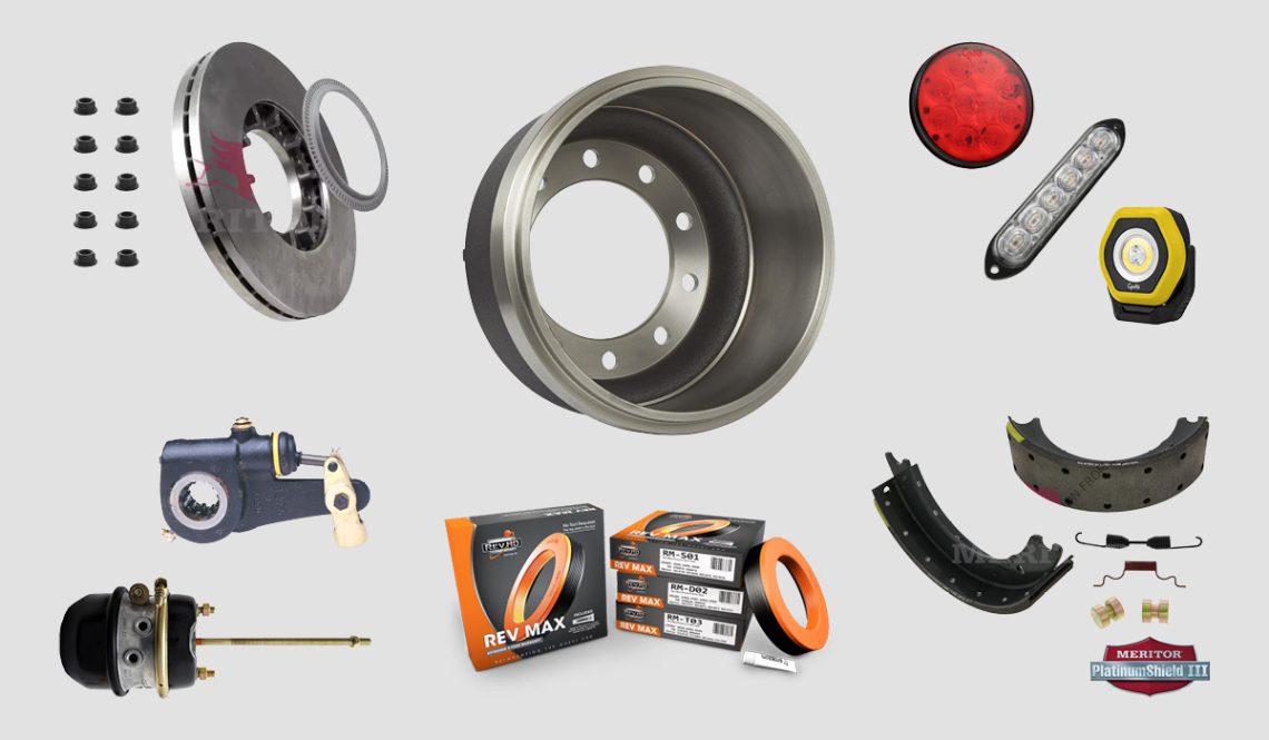 Graphic showing Total Truck Solutions and Meritor brake drums, Meritor and Euclid reman brake shoes, Meritor and Proline brake components, RevHD wheel seals, Meritor air disc pads & rotors, and Grote lights.