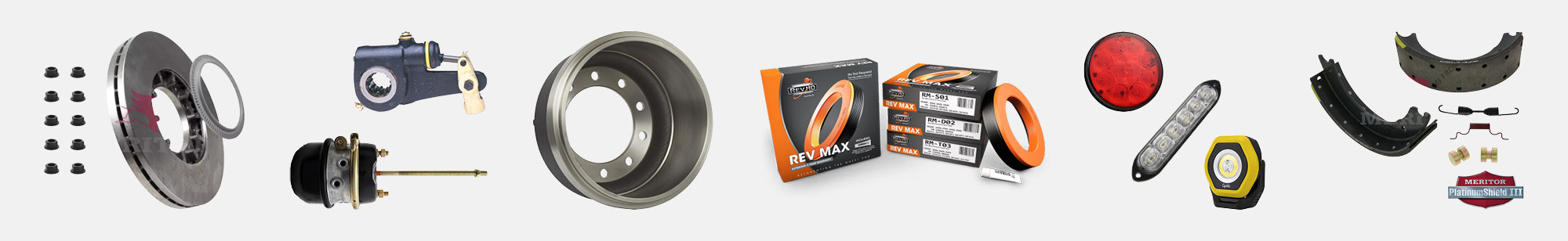 Graphic showing Total Truck Solutions and Meritor brake drums, Meritor and Euclid reman brake shoes, Meritor and Proline brake components, RevHD wheel seals, Meritor air disc pads & rotors, and Grote lights.